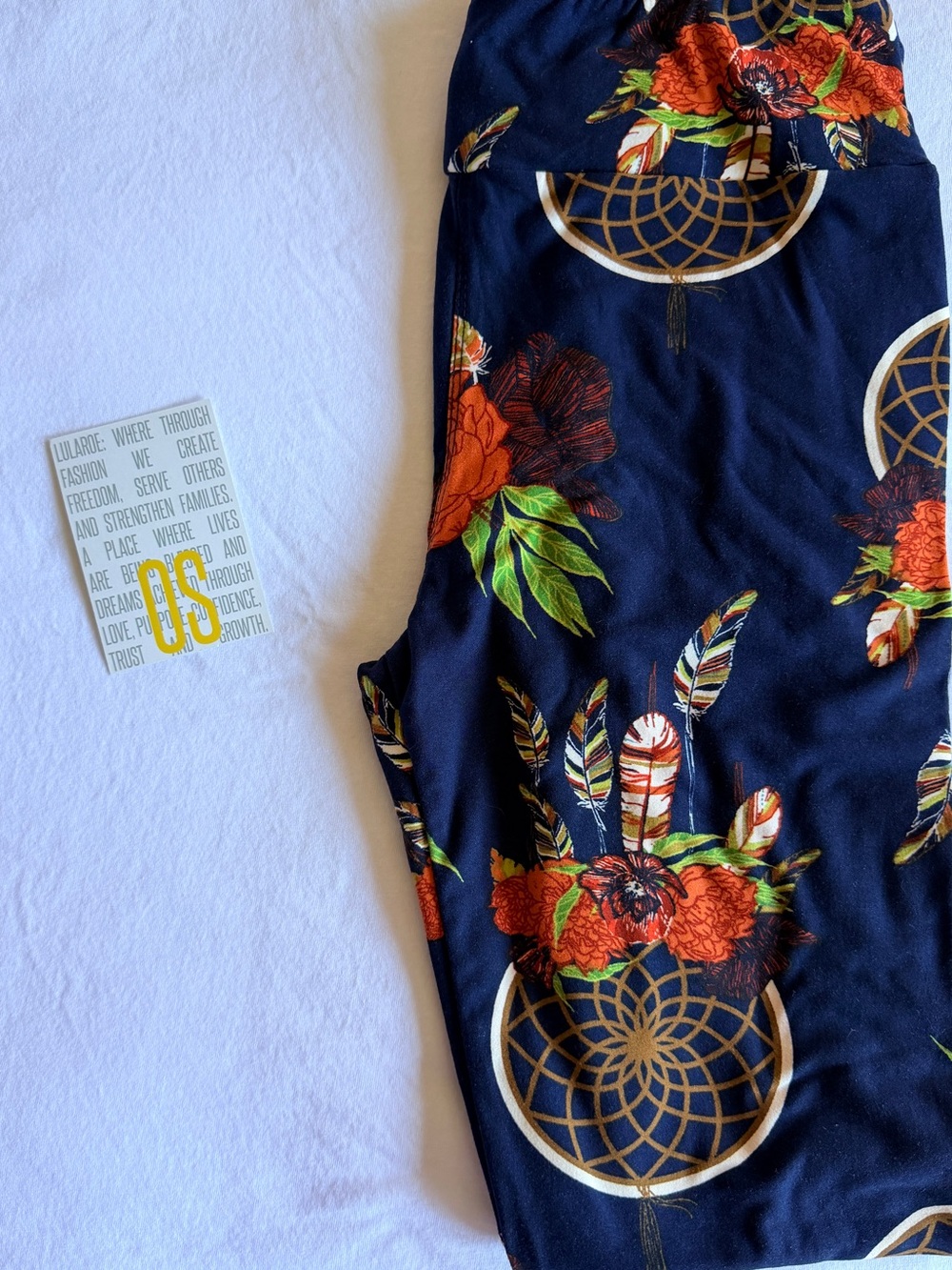 LuLaRoe Navy Leggings with Orange Floral & Dreamcatcher Print